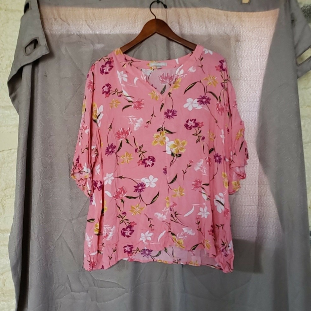 Woman Within Blouse Womens 20 Pink V Neck 3/4 Kimono Sleeve Floral Tunic Top